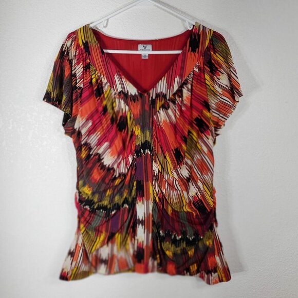 Worthington Womans Top 1X  Multicolor Pleated V-Neck Draping Short Sleeve Shirt - Picture 6 of 7